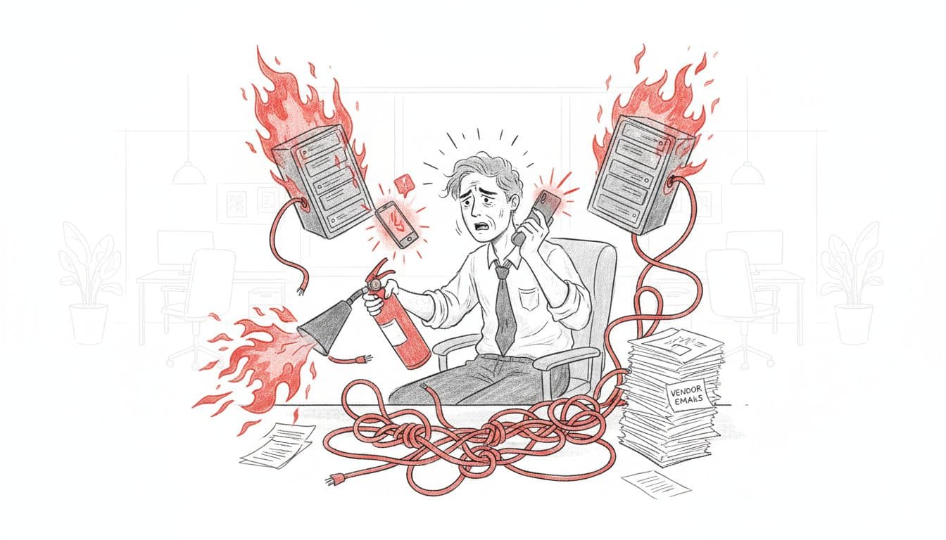 Stressed executive surrounded by chaotic IT outages and alerts, created with AI