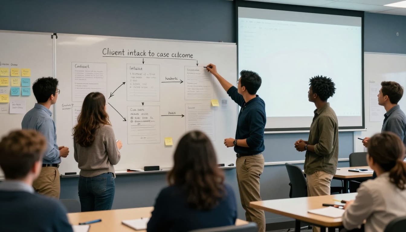 Photo-realistic documentary-style image of a diverse team in a modern New England training room collaboratively mapping client data flow from intake to outcome on a whiteboard.