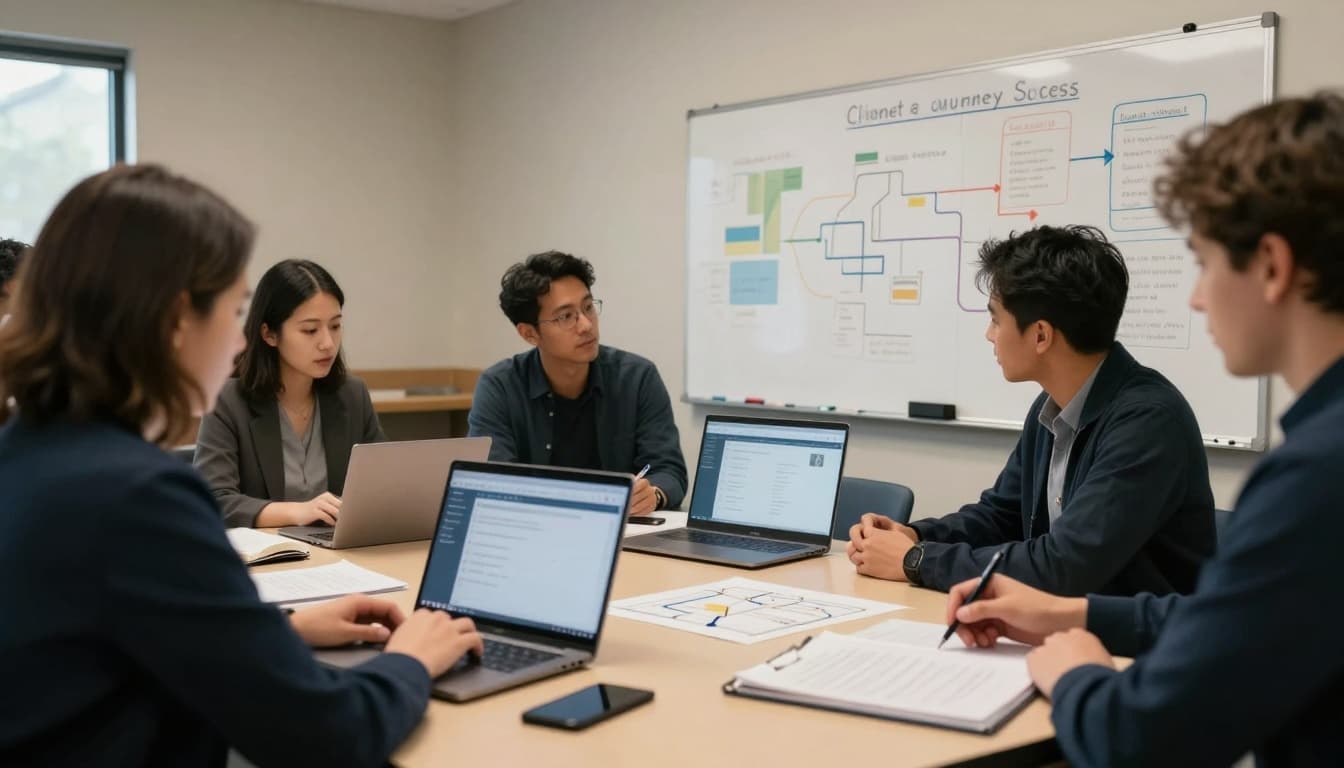 Team reviewing metrics and before-and-after process diagrams