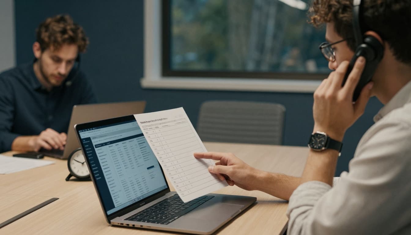 In a softly lit conference room with natural daylight, a team member makes a hands-on follow-up phone call while another updates a CRM-like tracker on a laptop, evoking calm focus and modern business resilience.