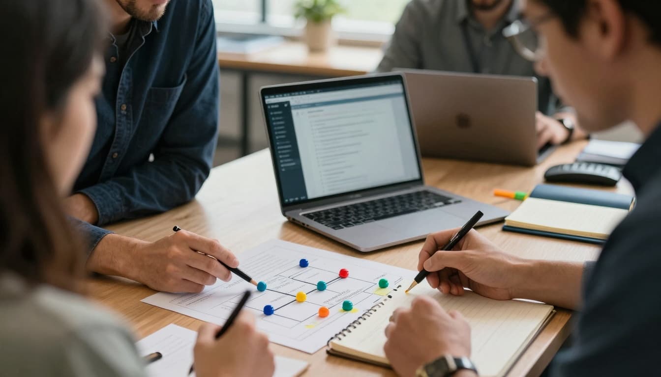 A focused team in a naturally lit community workspace reviews a flowchart of the client intake process, marking drop-off points with colored pins and noting improvements to streamline handoffs.
