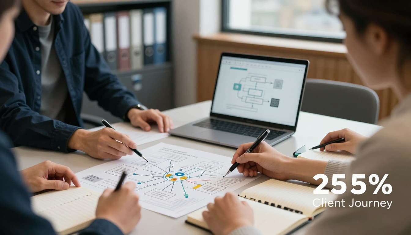 Team reviewing a printed journey map and circling chokepoints