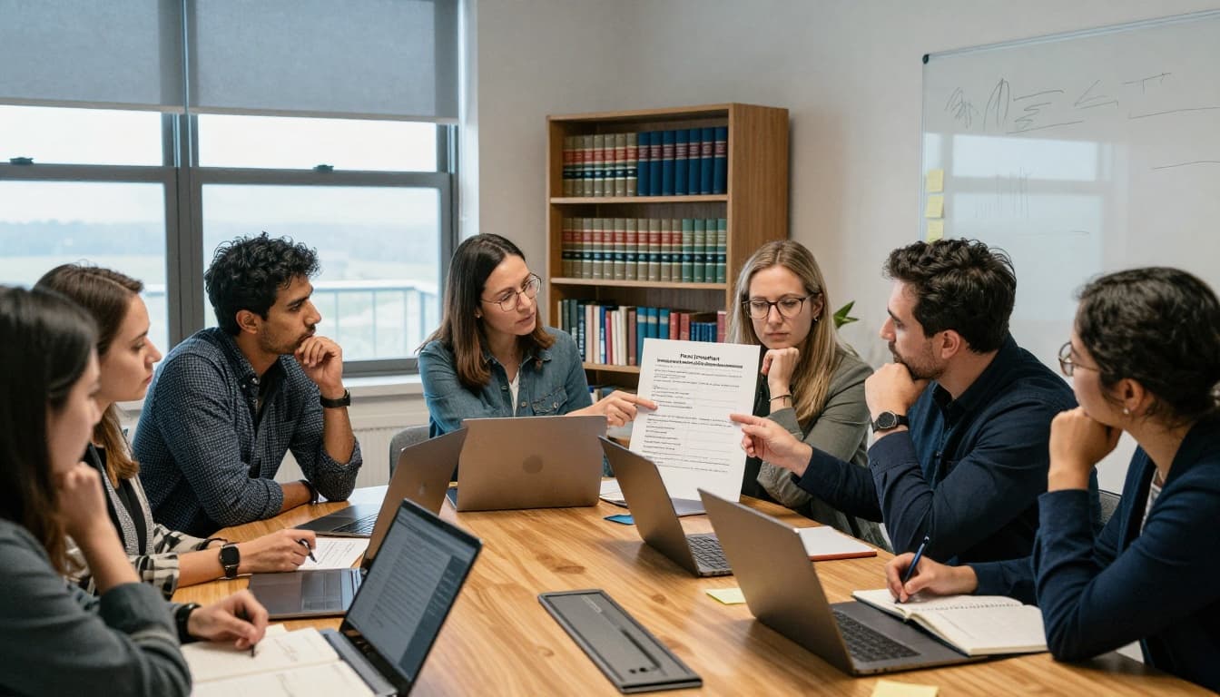 A small team of executives and staff in a cozy conference room gathers around a wooden table, thoughtfully reviewing a printed post-incident statement checklist under soft natural daylight.