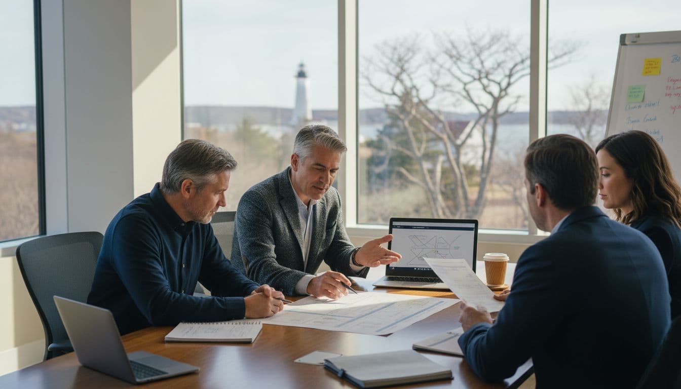 A small team of professionals in a conference room with large windows, gathered around a table reviewing printed documents and a laptop showing a vendor incident report, discussing calmly in soft natural light.