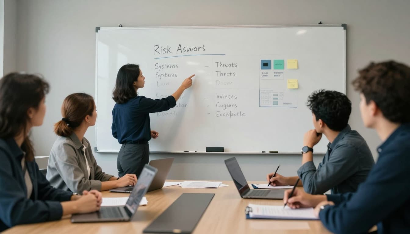 A small team in a modern conference room conducts a quick risk assessment, listing systems and threats on a whiteboard amid a calm, focused discussion. Captured in a photo-realistic documentary style with soft natural light and subtle New England color tones.