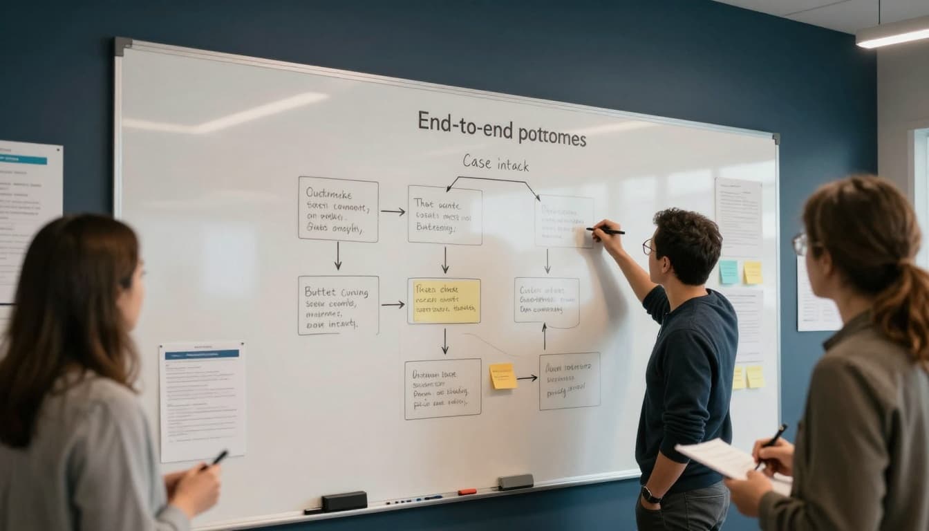 Photo-realistic documentary-style image of a focused team in a community workspace collaboratively mapping end-to-end case workflows on a large whiteboard, identifying bottlenecks and improvements.