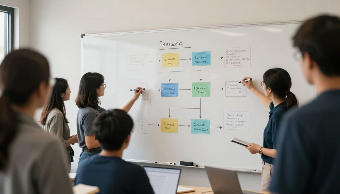 Program staff from a capacity building organization map their real workflow on a large whiteboard in a sunlit community workspace, marking intake steps, handoffs, outcome tracking, and failure points like duplicate entry.