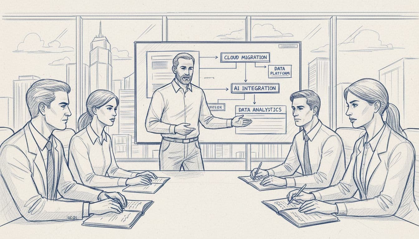 Sketch of a technology leader discussing a roadmap with executives in a modern office