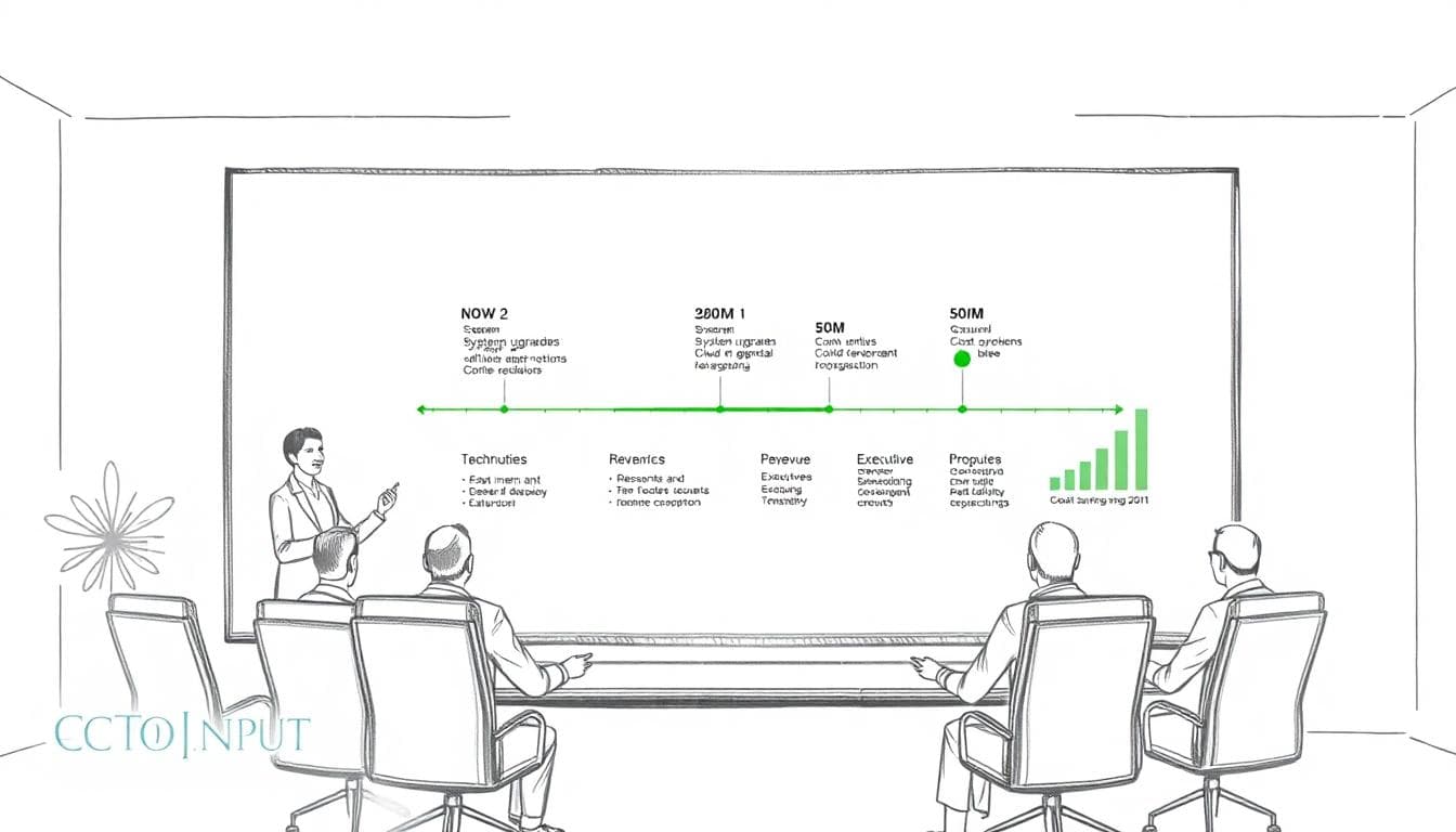 Technology leader presenting a 24-month roadmap to executives in a boardroom