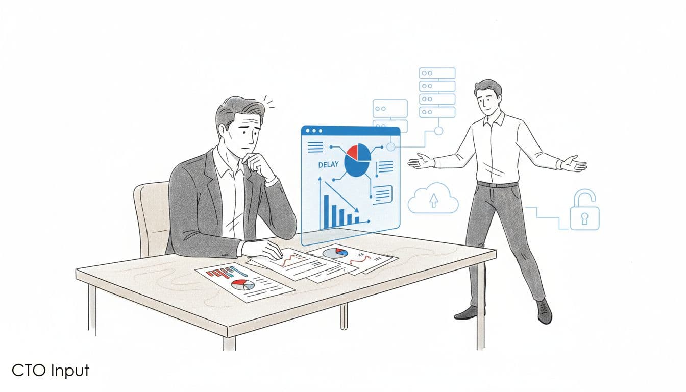 CEO reviewing tech reports with a calm fractional CTO advisor in the background