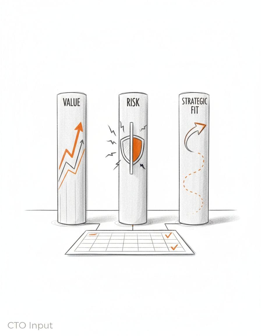 Three pillars labeled value, risk, and strategic fit connected by a scorecard sheet on a desk