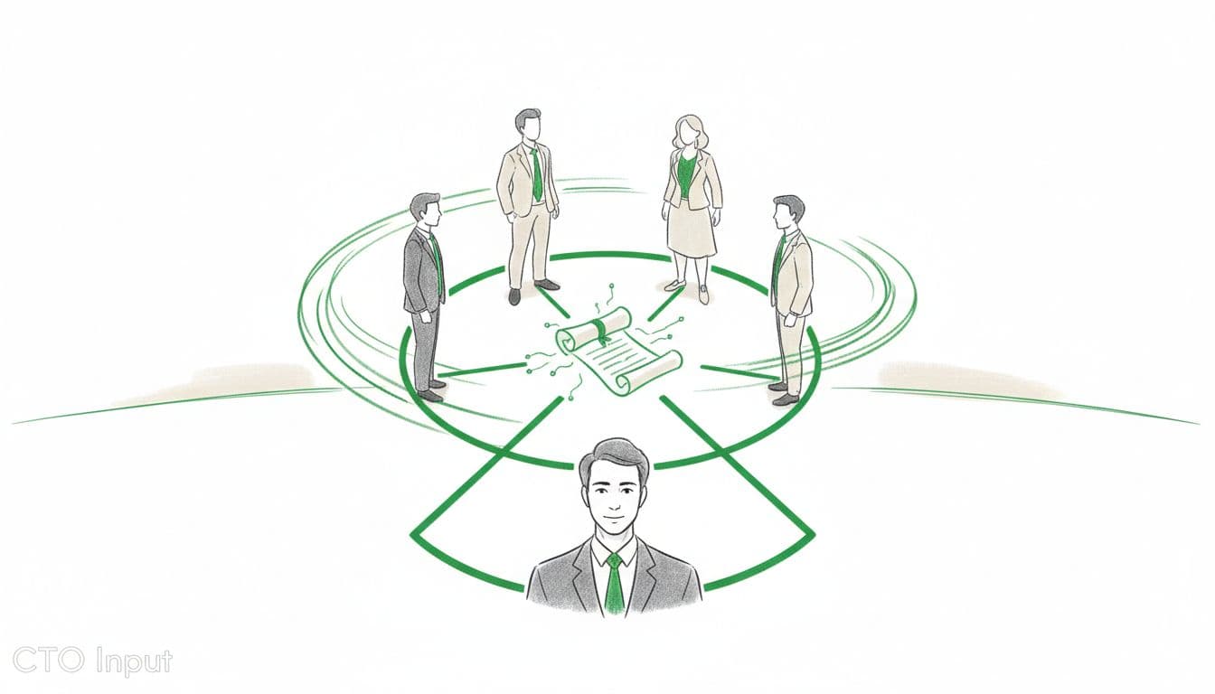 Illustration of a unified technology leadership team standing in a circle around a shared roadmap