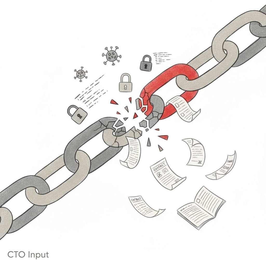 A chain representing business operations with a few weak links cracking under cyber threats, with documents and contact lists falling away.