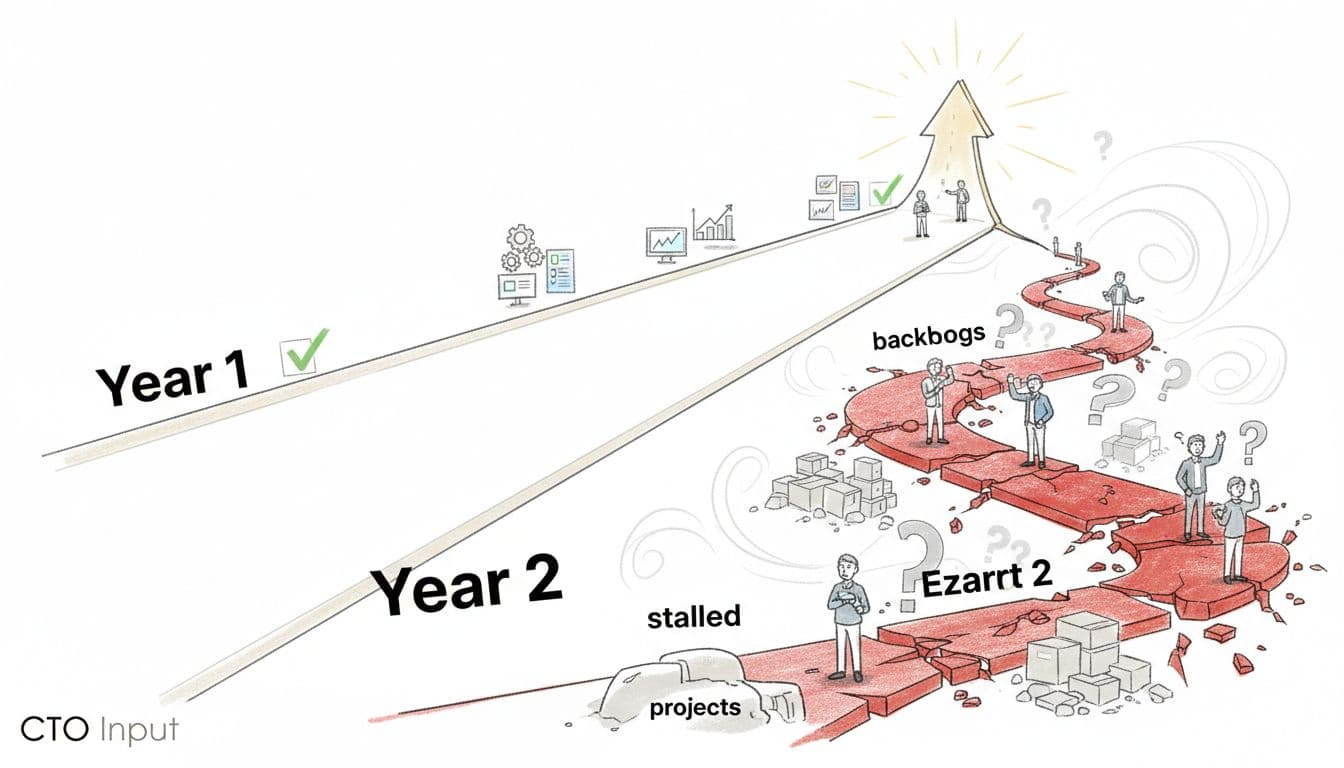 Illustration of a smooth Year 1 road turning into a cracked, stalled Year 2 road with confused business leaders, representing digital roadmap fatigue and complexity. Image created with AI.