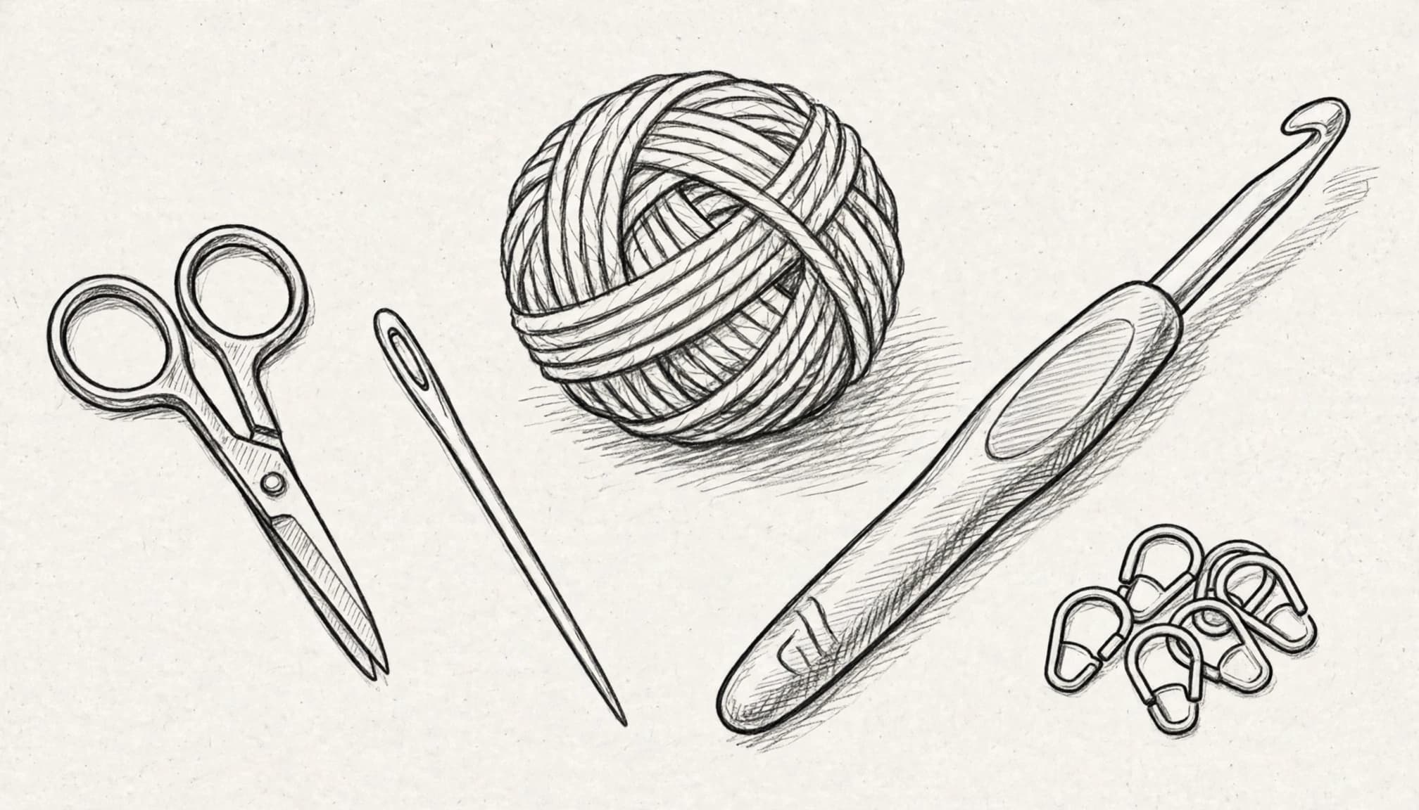 A graphite sketch showing scissors, a yarn needle, a yarn ball, a crochet hook, and stitch markers.