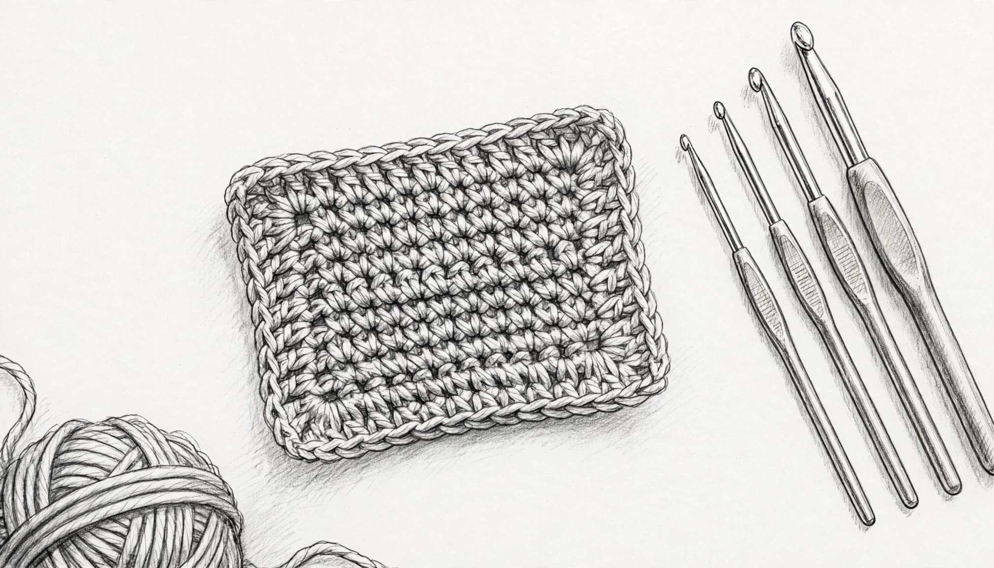 A crochet swatch beside neatly arranged hooks and a partly visible yarn ball.