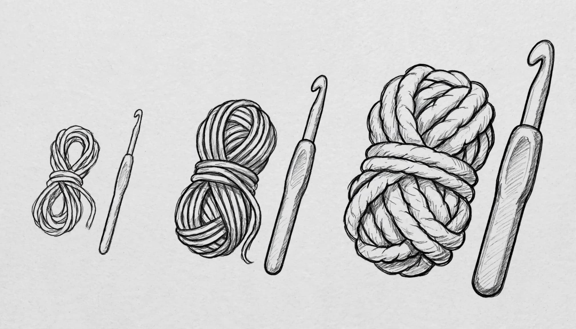 A graphite drawing of three yarn and crochet hook pairings in increasing sizes.