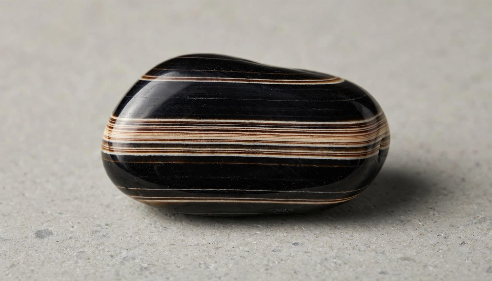 A polished black onyx specimen with fine cream and brown bands on a stone surface.