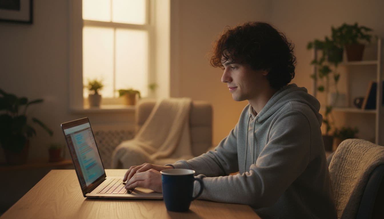 Freelancer types on angled laptop at home desk with coffee mug nearby in evening-lit room.