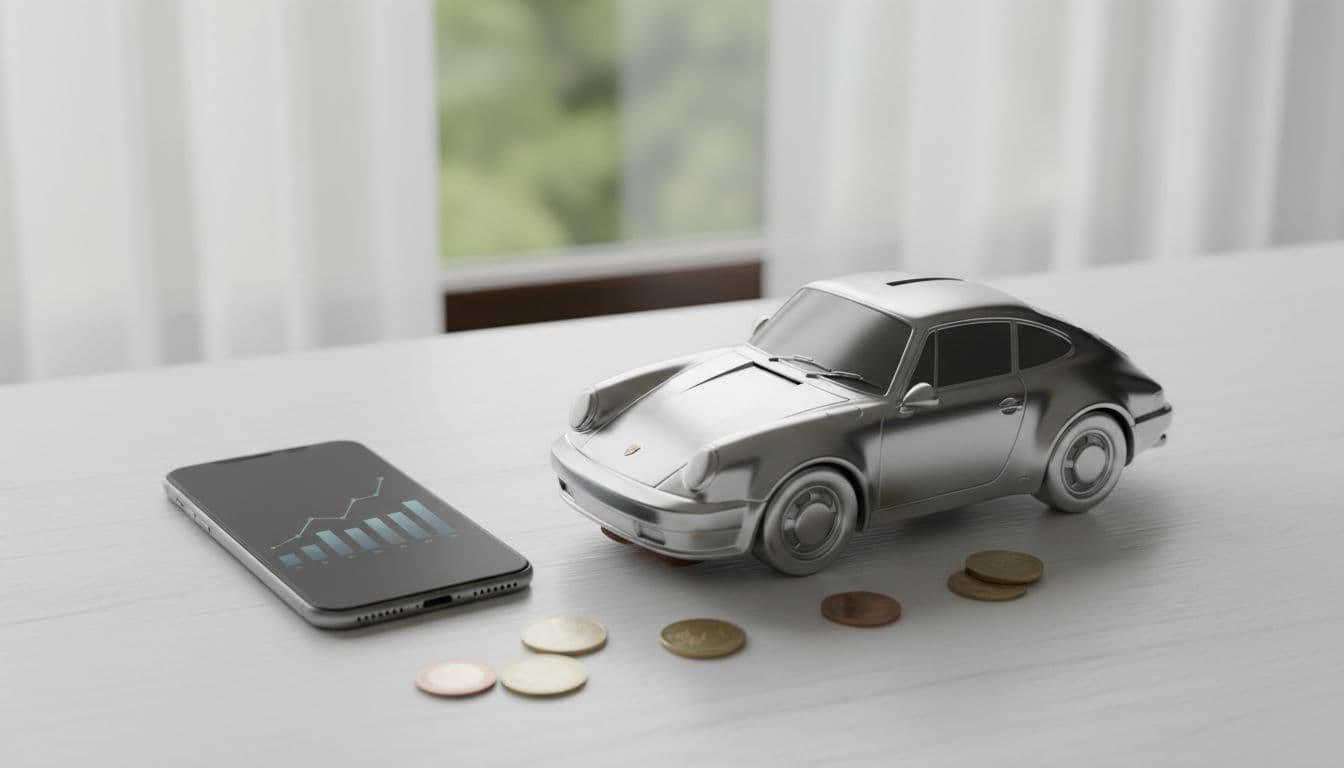 Smartphone with high-yield savings app next to Porsche-shaped piggy bank on simple desk.