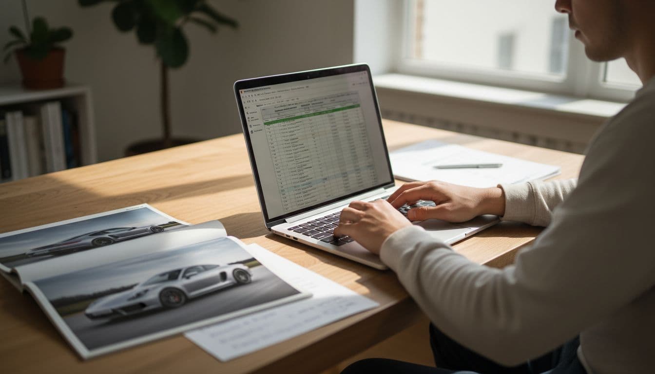 Person at desk calculates car budget on laptop with Porsche brochure nearby.