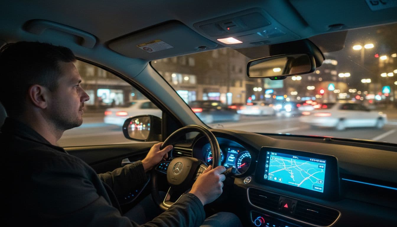 Dashboard view from passenger seat shows solo driver steering car through city streets at night, blurred navigation app glowing.