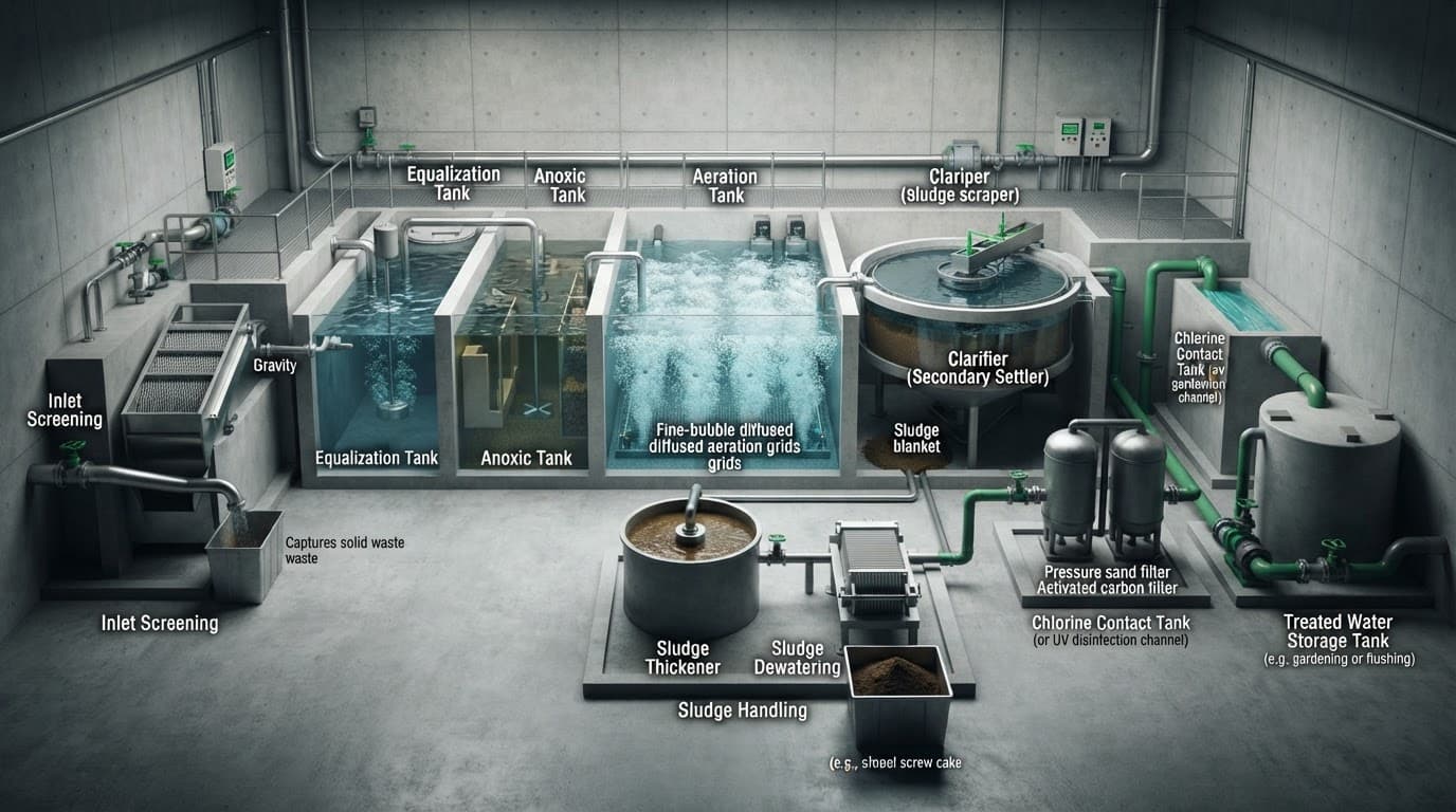 Cutaway sewage treatment tanks show water moving through an apartment utility system.