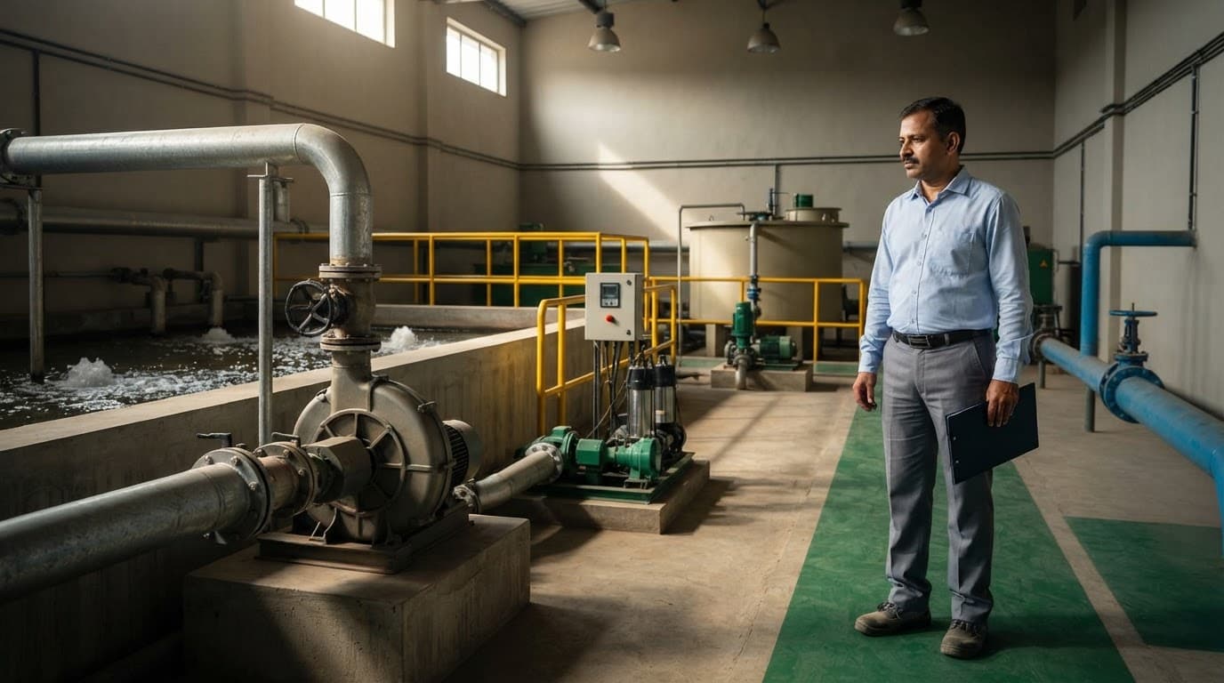 A facility manager inspects an apartment sewage treatment plant beside tanks, pumps, and pipes.