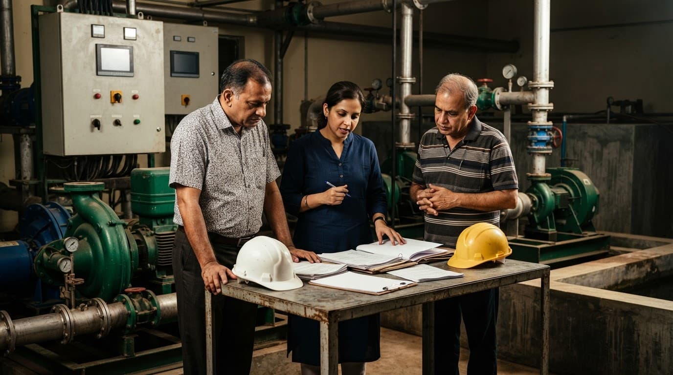 Three people review papers beside sewage treatment equipment and safety helmets.