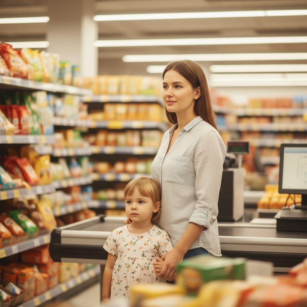 Mother and small child stand patiently in bright supermarket checkout line.