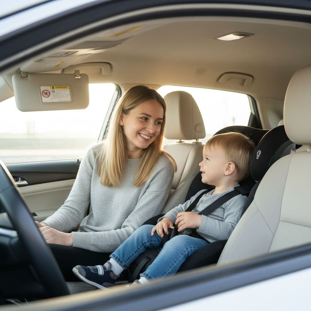 Mother in driver's seat smiles gently at young child in rear car seat.