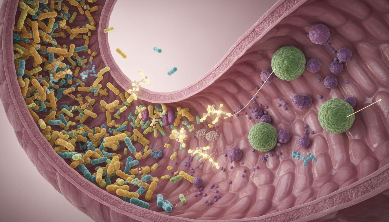 Educational illustration depicting diverse beneficial bacteria in the colon lumen calmly interacting with regulatory immune cells like Tregs in the mucosa, promoting immune tolerance after vitamin D effect on a healthy gut wall.