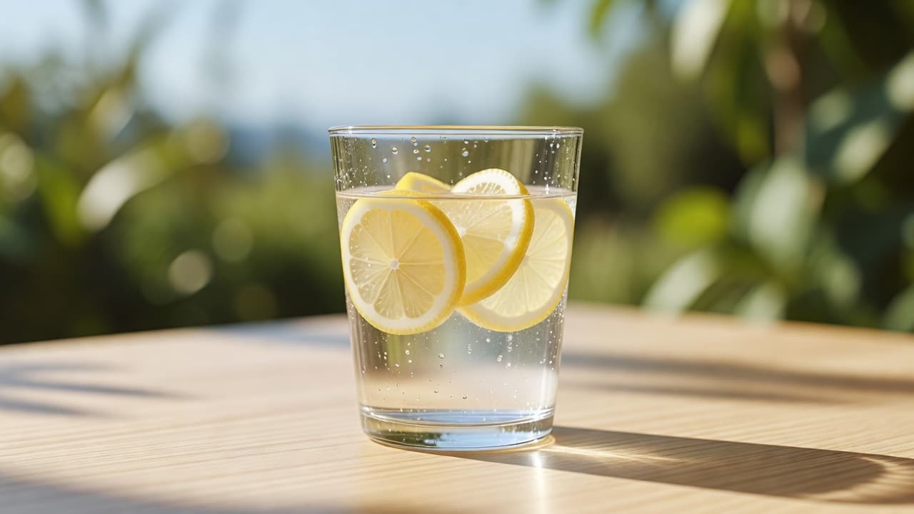 A tall glass filled with cold water and sliced lemons sits on a rustic light wood table. The scene captures a bright, sunny outdoor setting emphasizing hydration during warm summer days.