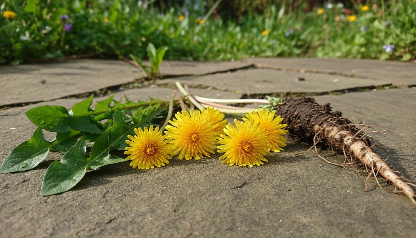 Fresh dandelion plant parts including vibrant green leaves, bright yellow flowers, and earthy roots arranged side by side on a natural stone surface in a garden setting, close-up emphasizing differences.