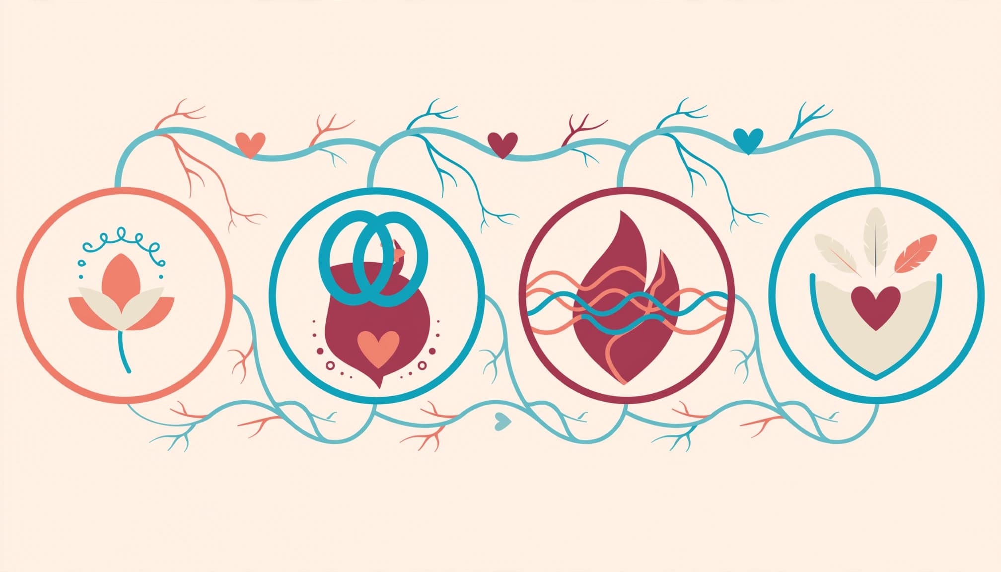 Illustration infographique avec quatre cercles représentant les étapes de la vie de la femme.