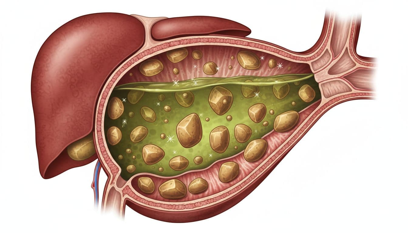 Realistic medical illustration of a human gallbladder in cross-sectional view, filled with yellow bile and cholesterol gallstones, precise anatomical style with neutral lighting.