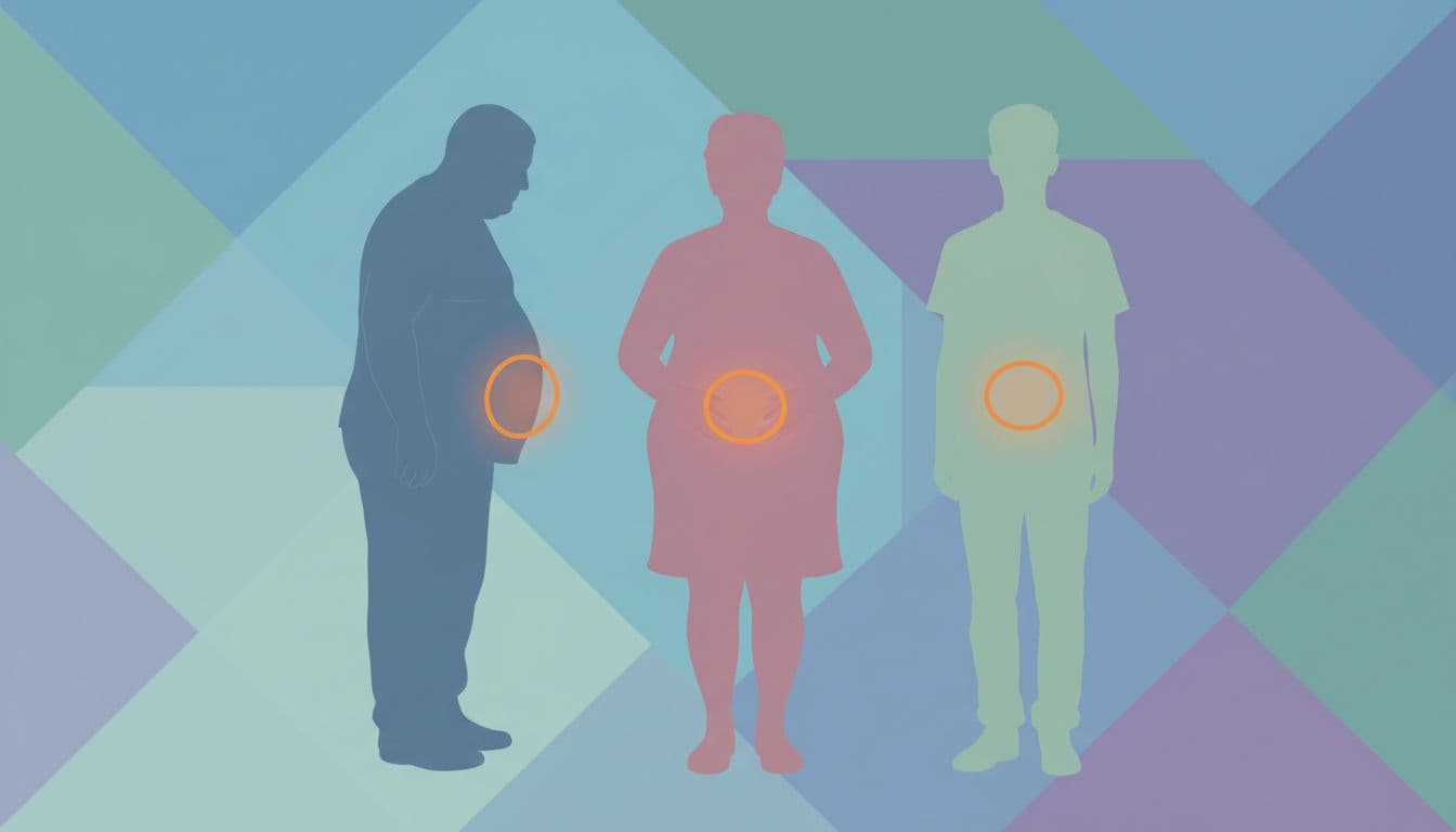 Side-by-side silhouettes of a diverse group of adults (two men, one woman, various ages) in an abstract medical setting, indicating risk factors like age, moderate overweight, and sex for gallstones, in simple infographic illustration style with neutral lighting and no text or detailed faces.