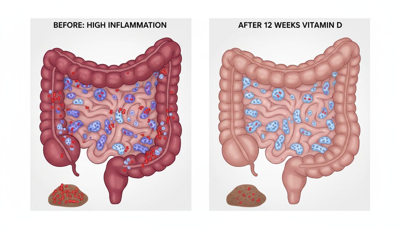 Educational medical illustration of side-by-side panels: left shows high inflammation in MICI patients with red markers and active immune cells; right shows reduced inflammation after 12 weeks of vitamin D supplementation with calmer cells and lower stool markers.