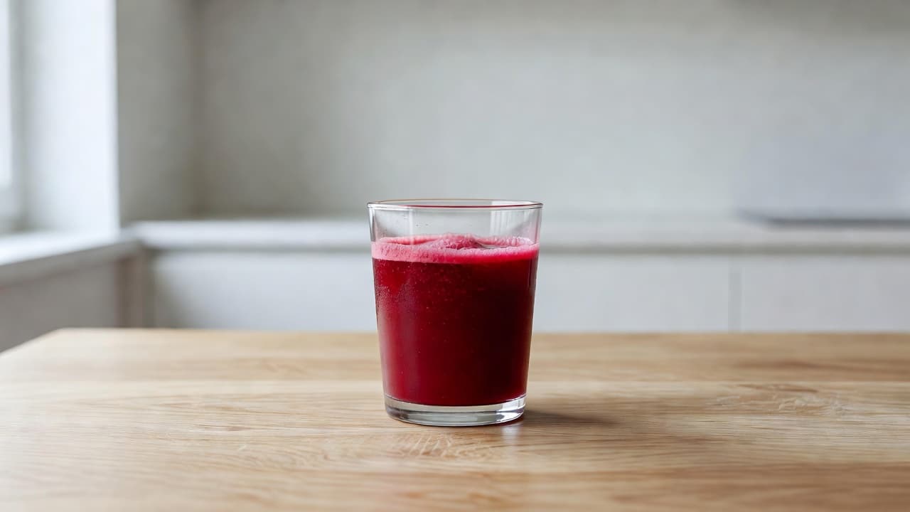 Un verre de jus de betterave frais est posé sur une table lumineuse.
