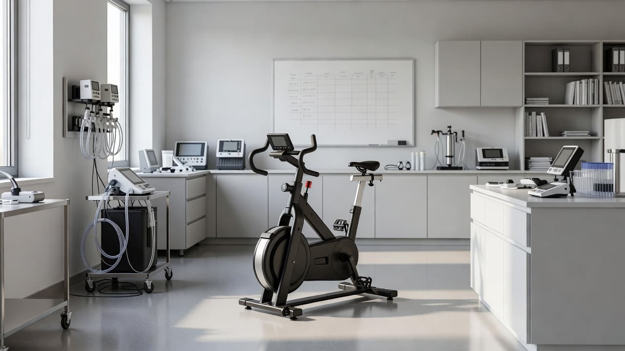 Un vélo ergomètre et des équipements de mesure scientifique dans un laboratoire de sport moderne.