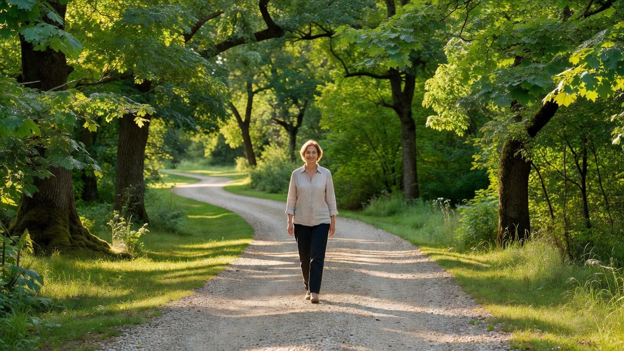 A single person walks slowly along a paved path surrounded by vibrant green trees and manicured lawns under soft daylight. The tranquil setting emphasizes a peaceful stroll through a suburban park.