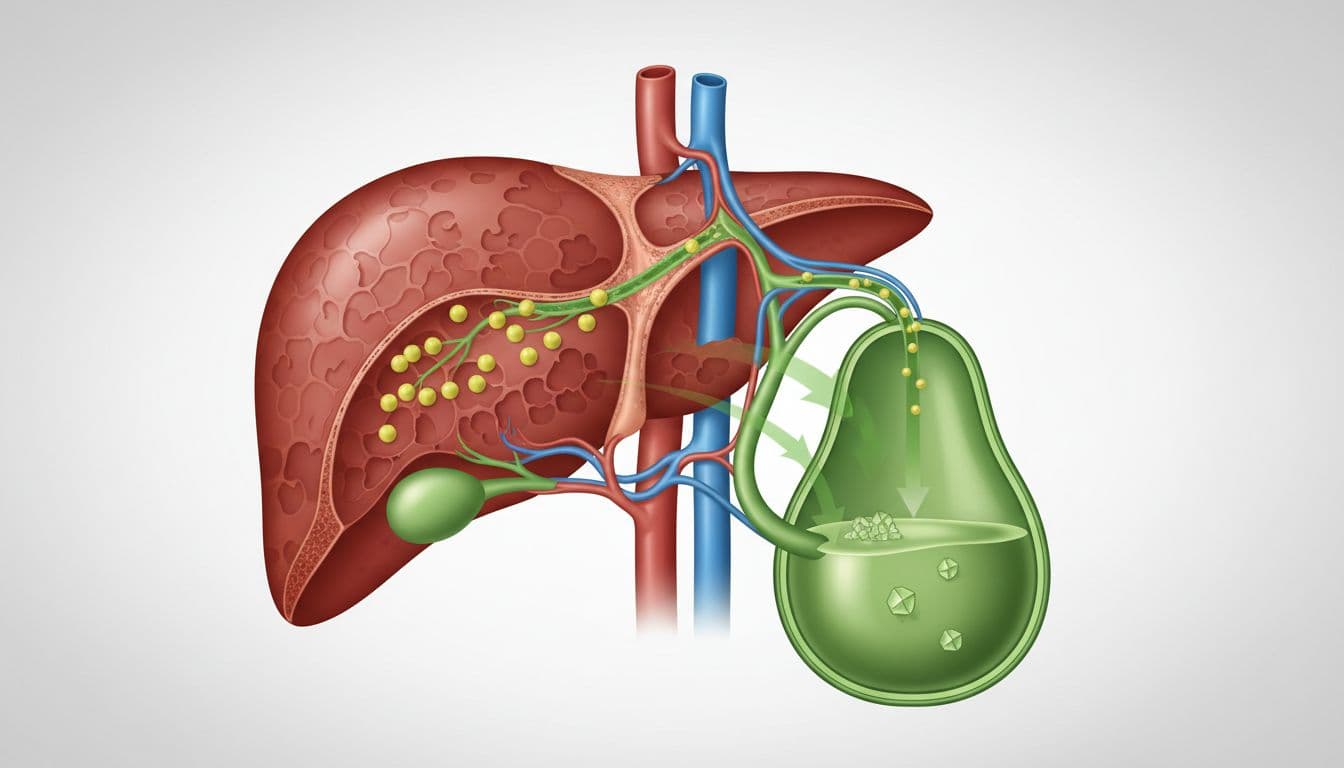 Realistic anatomical cross-section diagram of the human liver producing and releasing cholesterol into bile flowing toward the gallbladder through the bile duct, highlighting excess cholesterol linked to gallstone formation.