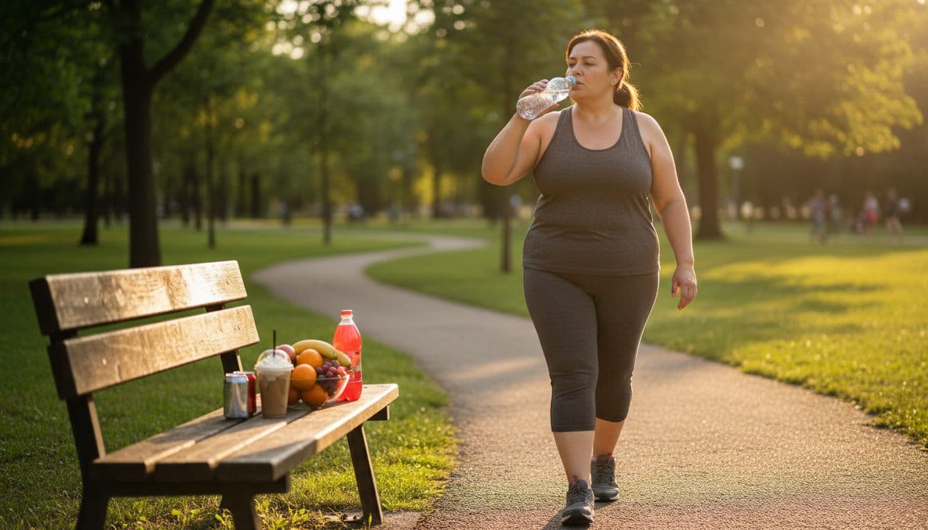 A middle-aged overweight adult walks dynamically in a sunny park holding a water bottle with relaxed hands, avoiding sugary drinks on a nearby bench while healthy fruits are visible, in realistic photo style with no text or logos.