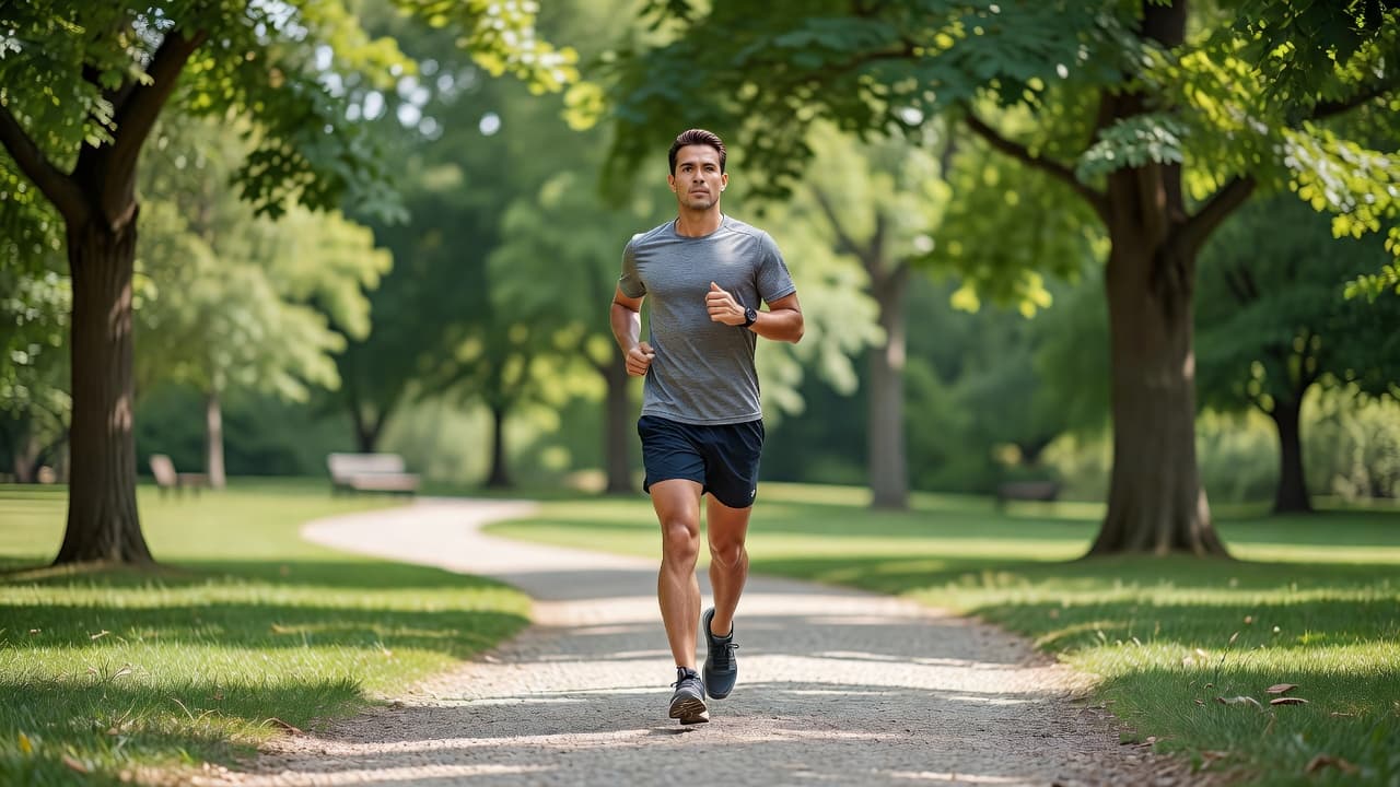 A person in their mid-thirties wearing breathable athletic gear jogs along a paved park trail. Lush green trees and a soft, out-of-focus background frame the subject under bright daylight conditions.