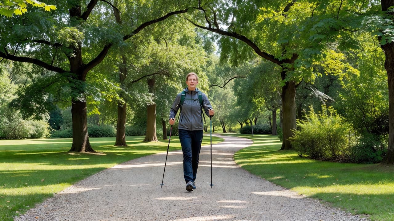 An active individual strides along a paved park path while using specialized trekking poles. Lush green trees surround the area under bright natural daylight during a morning workout session.