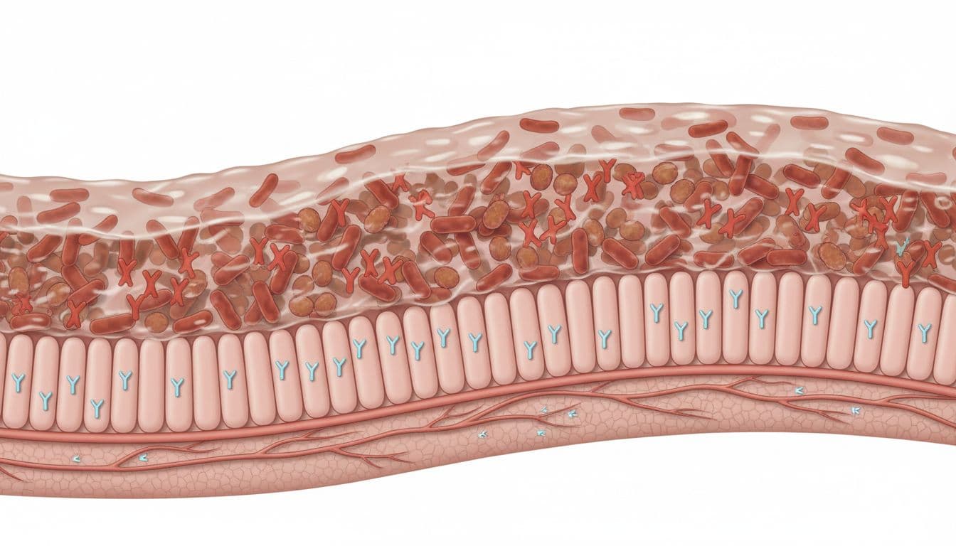 Educational medical diagram of immunoglobulins in intestinal mucosa showing prominent secretory IgA coating and protecting gut bacteria in the mucus layer with increased presence, contrasted by reduced IgG in bloodstream or tissue, in a layered cross-section of the gut wall.