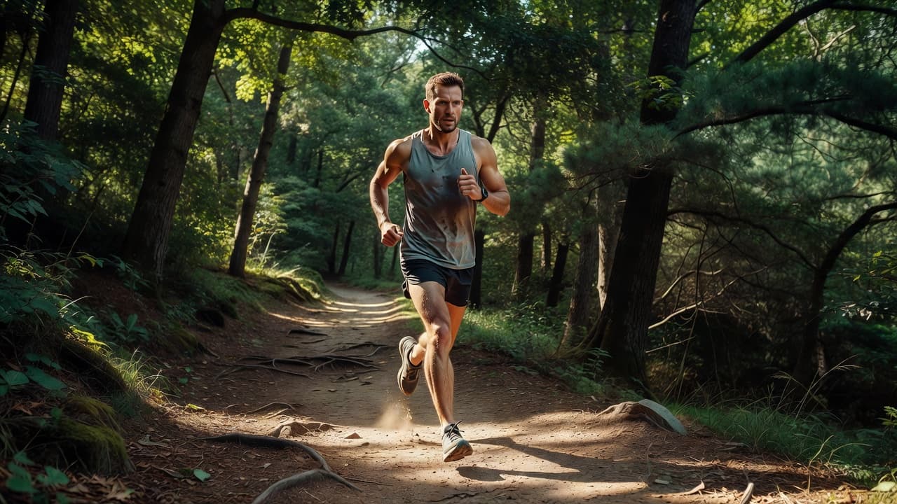 Un sportif en tenue de course court sur un chemin boisé sous une lumière naturelle.
