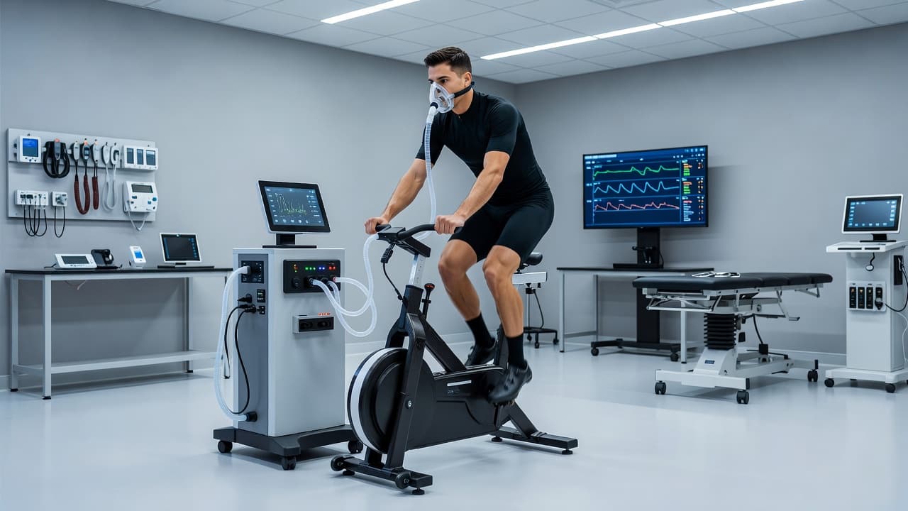 Un sportif porte un masque de mesure respiratoire sur un vélo d'appartement en laboratoire.