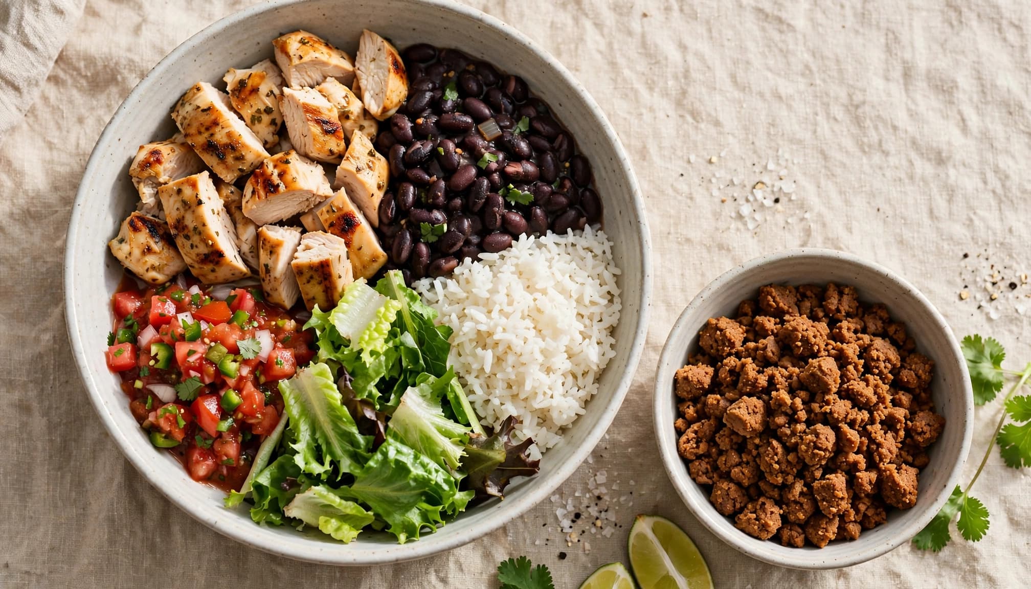 A ceramic bowl filled with grilled chicken, black beans, rice, salsa, and lettuce, next to a small bowl of crumbles.