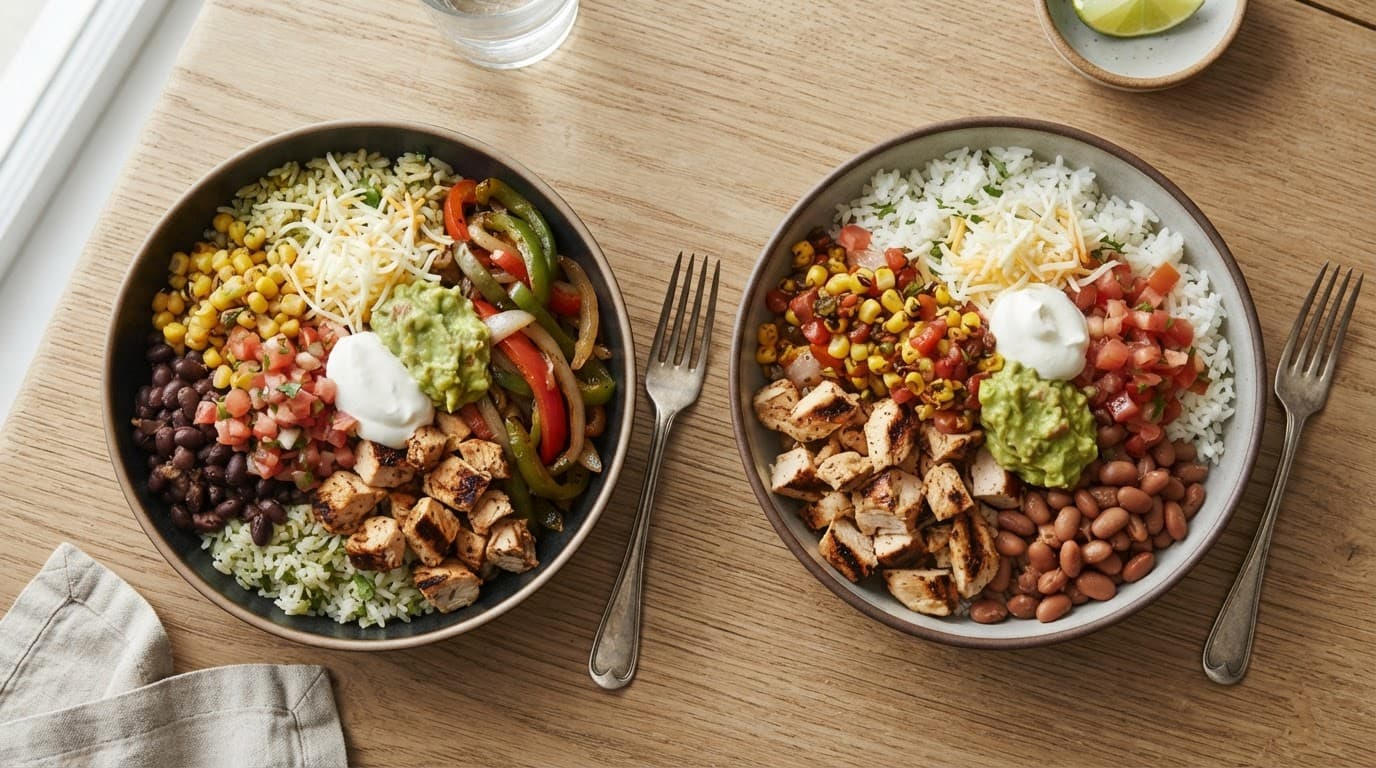 Two burrito bowls with chicken, rice, beans, vegetables, salsa, and creamy toppings.